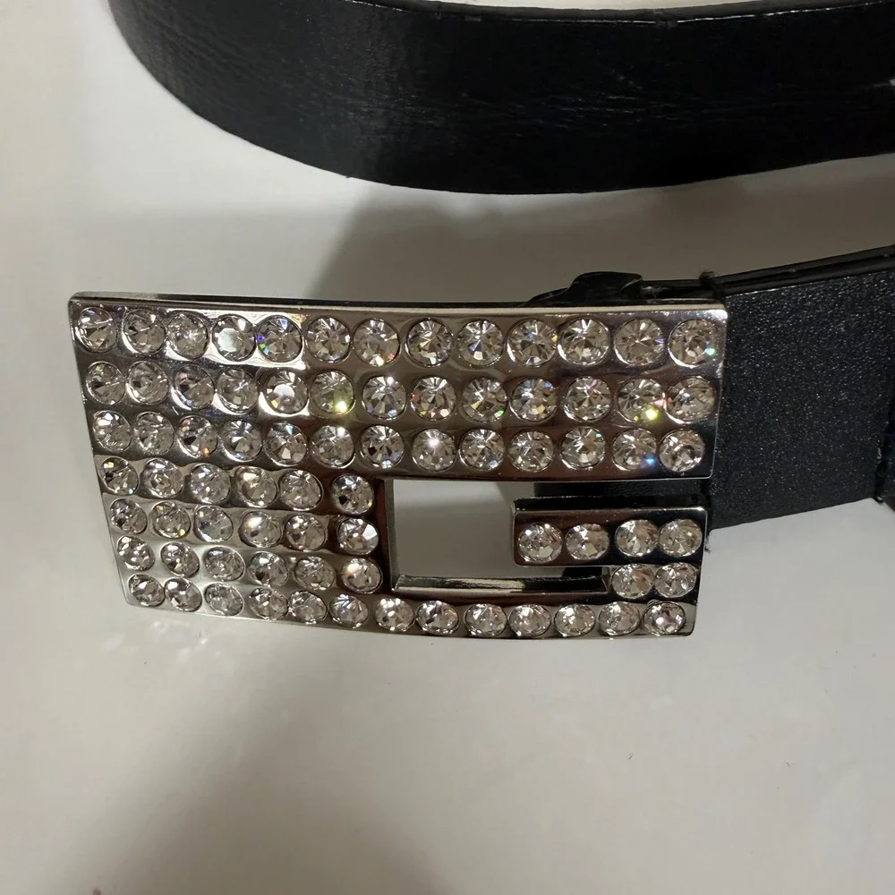 Guess Women's Black Genuine Leather Belt‎ Rhinestone G Logo Buckle Extra Large